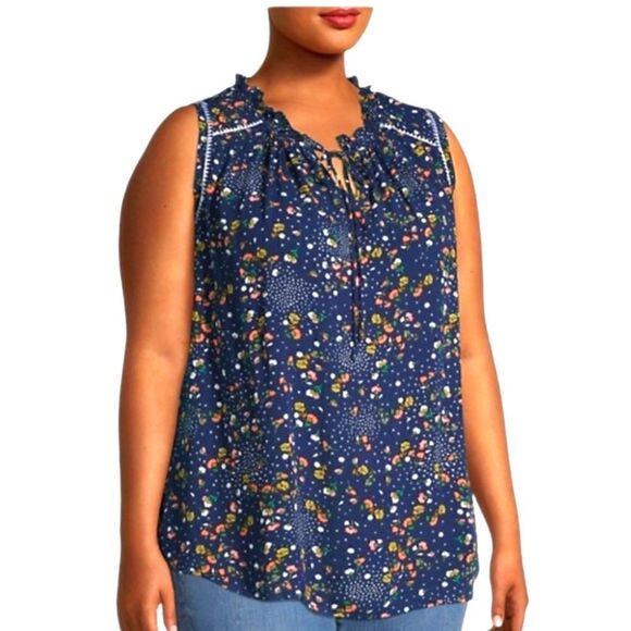 EC STUDIO B BY BOBEAU SLEEVELESS BOHO FLORAL TOP W/ KEYHOLE TIE SZ. SMALL - Picture 1 of 6